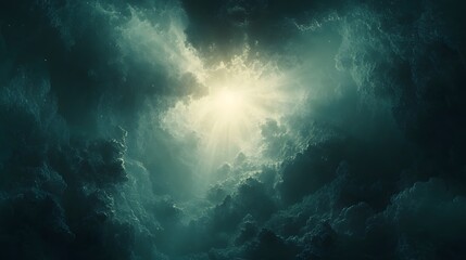Radiant sun shining through a dramatic scene of voluminous clouds