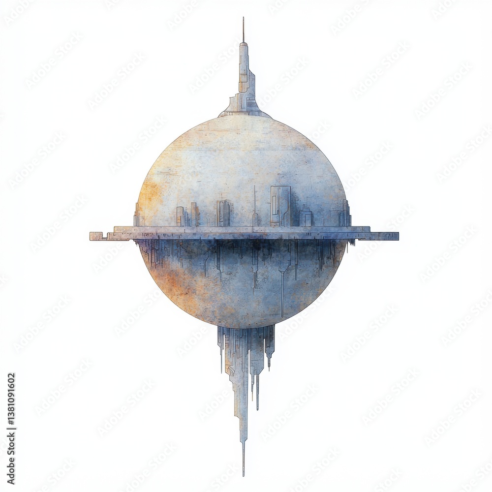 Poster a futuristic globe structure with city-like features, blending architecture and abstract design, flo