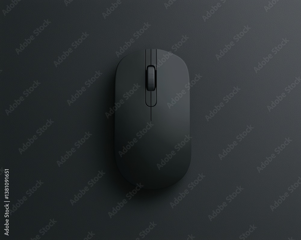 Poster a sleek black computer mouse on a dark surface, emphasizing a minimalist design aesthetic.