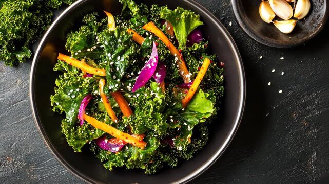 Fresh kale salad preparation with crunchy vegetables and garlic  healthy eating concept