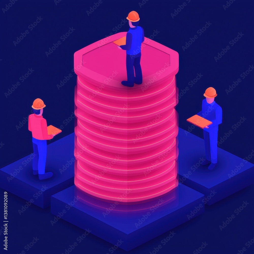 Poster three workers collaborate on a vibrant, stylized data stack, symbolizing teamwork and technology in 