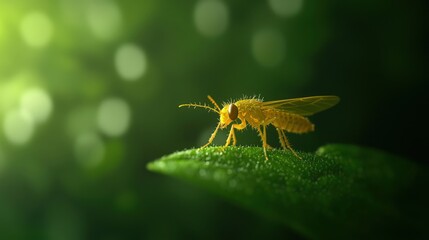 Golden Insect on Green Leaf, Close up of a small yellow insect on a vibrant green leaf.