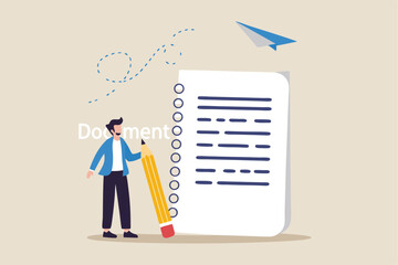 Write note or message on notebook paper, writing document, memo or lecture, record information, diary or article concept, business man holding pencil writing message on notebook paper.