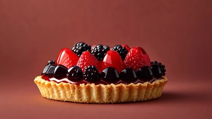 A gourmet fruit tart with glistening mixed berries, set against a brown backdrop. - Powered by Adobe