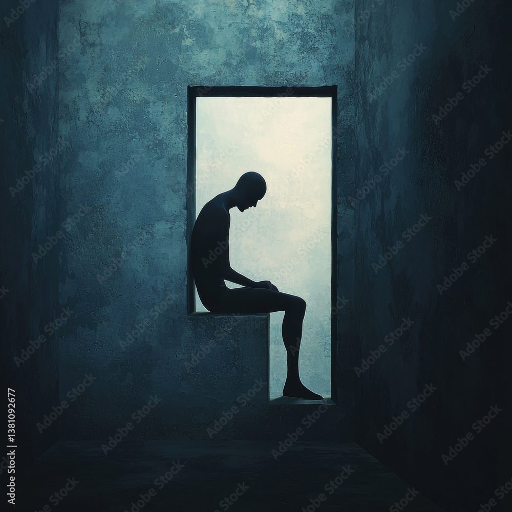 Poster a solitary figure sits in a dimly lit space, symbolizing introspection and isolation against a backd