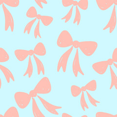 Playful hand drawn pink bows pattern on light blue background for decoration. Vector illustration
