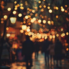 The background is blurred, depicting a lively outdoor setting, a market or street with bokeh lights in warm tones