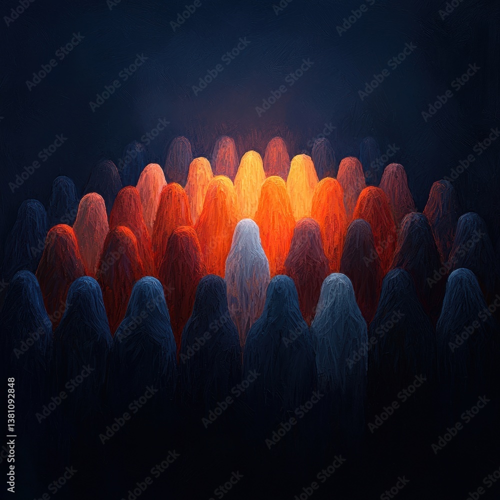 Poster a group of ethereal figures stands in a circle, illuminated by a warm, central glow, creating an atm