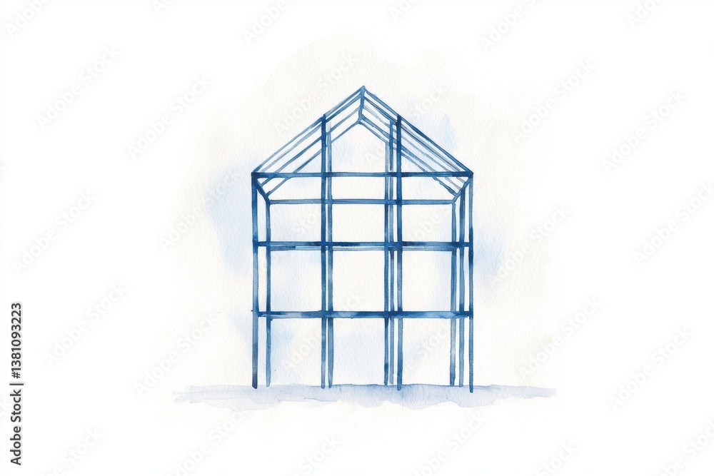 Poster a minimalist blue sketch of a house structure, emphasizing its geometric framework and open design.