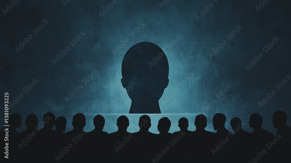 Poster a shadowy figure looms over a crowd, creating an atmosphere of mystery and contemplation in a dimly 