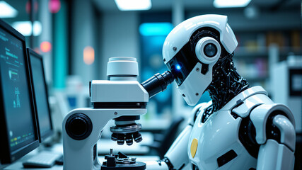 Robotic Scientist Analyzing Data with Advanced Technology