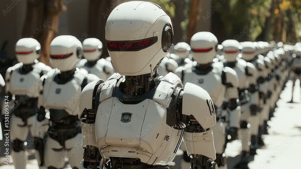 Poster a line of advanced white robots standing in formation, futuristic technology, artificial intelligenc