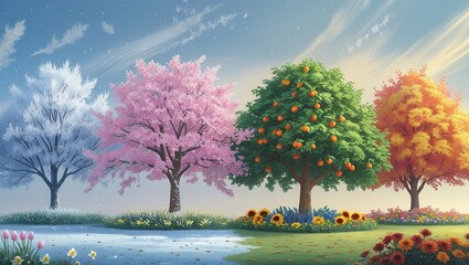  Trees showing four seasons in row, from winter frost to summer fruit. Snow, blossoms, oranges, and autumn leaves highlight seasonal shift.