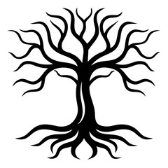 A tree with highly detailed twisted roots in line art on a solid white background.