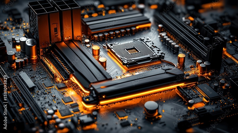 Aufkleber illuminated circuitry: a close-up of a computer motherboard's intricate design