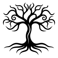 A tree with highly detailed twisted roots in line art on a solid white background.