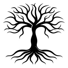 A tree with highly detailed twisted roots in line art on a solid white background.