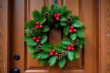 Decorative wreath made of fir and berries hanging on wooden door, fir, front door