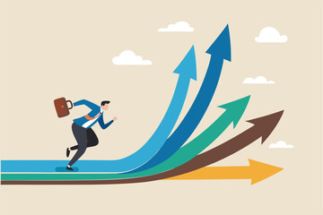 Career decision, choosing direction choices for future opportunity, different path to success, decide or progress options for career growth concept, businessman running to different arrow pathway.