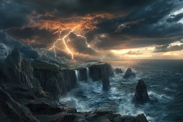 Fototapeta premium Dramatic lightning strikes over rugged cliffs and crashing waves at sunset