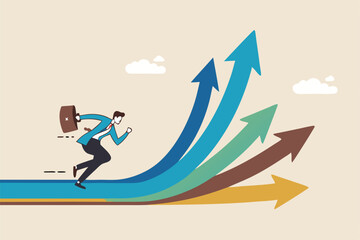 Career decision, choosing direction choices for future opportunity, different path to success, decide or progress options for career growth concept, businessman running to different arrow pathway.