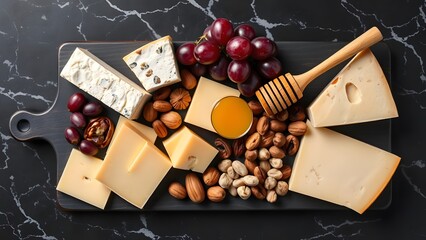 Gourmet cheese platter with nuts, grapes, honey, and a variety of cheeses on a dark surface.   