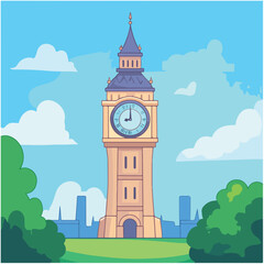 Famous British clock tower Big Ben isolated, vector, illustration