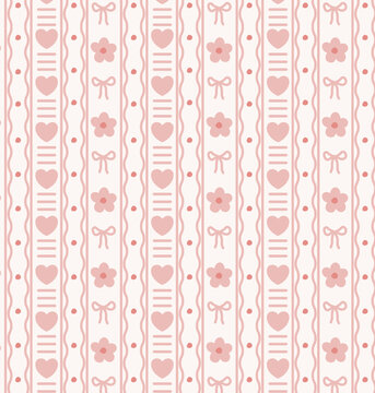 Trendy vintage pattern with hearts, bows and vertical stripes. Cute pink print with delicate flowers and bows. Seamless background for wallpaper, fabric, packaging and web.