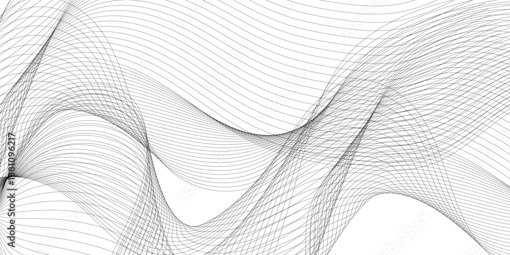 Poster Thin wavy curve line vector background. Curve wave seamless pattern background. Black and grey wave curve lines motion vector background.