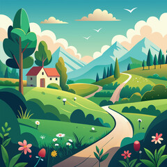 Fototapeta premium Digital Art Countryside with a Charming House and Peaceful Nature Vibes