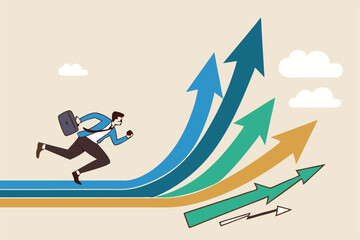 Career decision, choosing direction choices for future opportunity, different path to success, decide or progress options for career growth concept, businessman running to different arrow pathway.