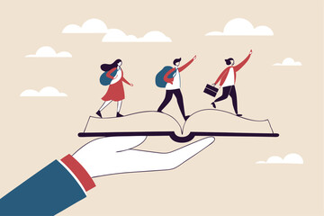 Employee handbook, manual for onboarding new staff, procedure or rule for welcome new hire to know company, business manual for success concept, businessman hand holding handbook with new employees.