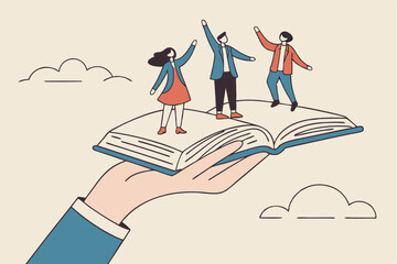 Fototapeta premium Employee handbook, manual for onboarding new staff, procedure or rule for welcome new hire to know company, business manual for success concept, businessman hand holding handbook with new employees.