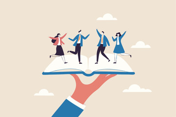 Employee handbook, manual for onboarding new staff, procedure or rule for welcome new hire to know company, business manual for success concept, businessman hand holding handbook with new employees.