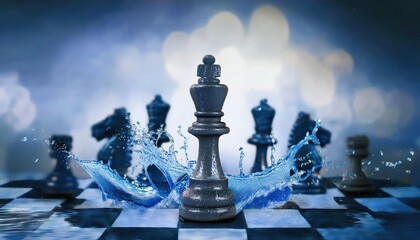 Beautiful water chess pieces create a unique atmosphere on a dark, blurred background with splashes of water enhancing the visual appeal