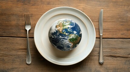 A surreal dining concept: the planet Earth as a meal, placed on a plate with silverware. No people.