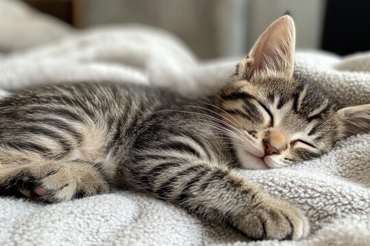 Adorable tabby kitten sleeping peacefully on soft blanket