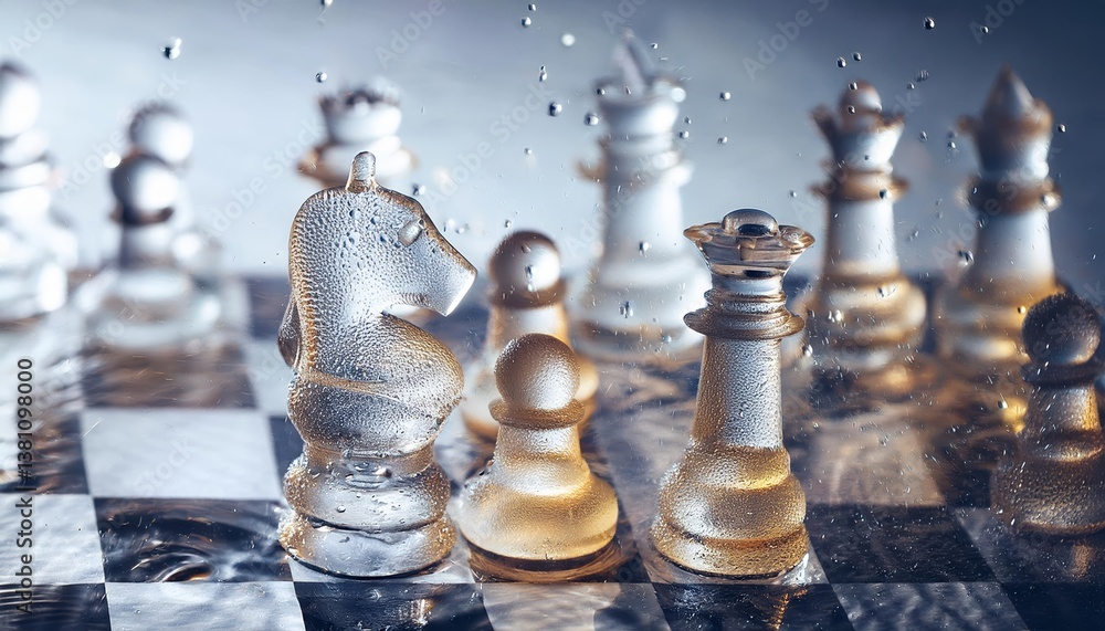 Poster intricate water chess set featuring transparent figures navigating a reflective surface surrounded b