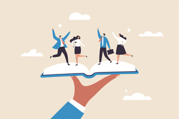 Employee handbook, manual for onboarding new staff, procedure or rule for welcome new hire to know company, business manual for success concept, businessman hand holding handbook with new employees.