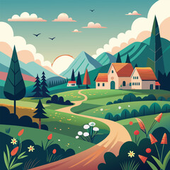 Fototapeta premium Stunning Vector Landscape with Hills, Cottages, and a Tranquil Atmosphere