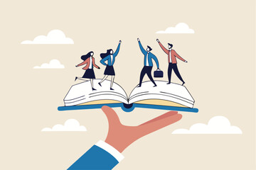 Employee handbook, manual for onboarding new staff, procedure or rule for welcome new hire to know company, business manual for success concept, businessman hand holding handbook with new employees.