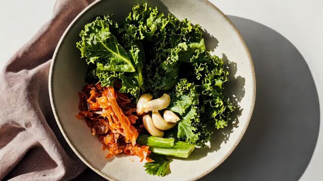 Fresh salad ingredients artfully arranged with garlic and asparagus on ceramic plate
