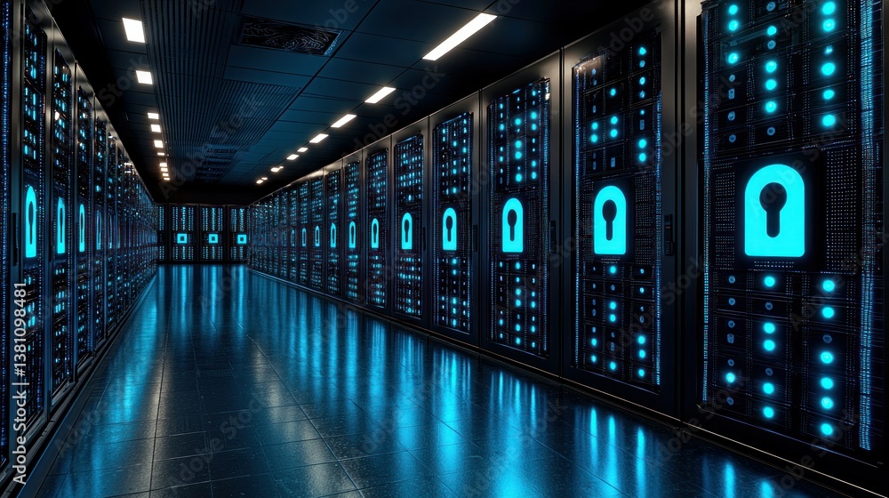 Poster cybersecurity server room: data center with advanced encryption