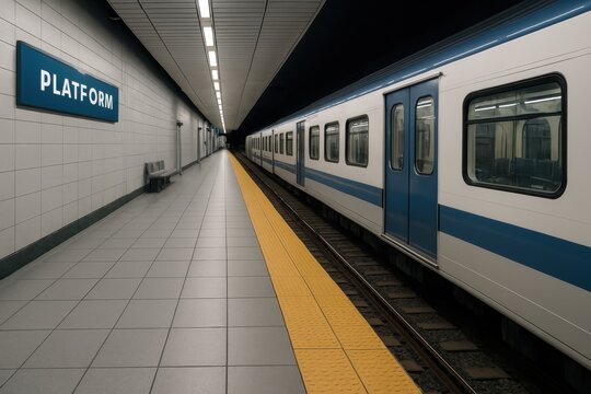  a clean and modern subway train platform with a stationary train