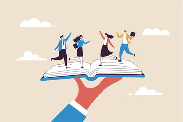 Employee handbook, manual for onboarding new staff, procedure or rule for welcome new hire to know company, business manual for success concept, businessman hand holding handbook with new employees.