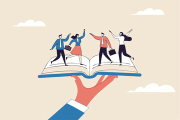 Employee handbook, manual for onboarding new staff, procedure or rule for welcome new hire to know company, business manual for success concept, businessman hand holding handbook with new employees.