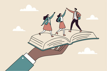 Employee handbook, manual for onboarding new staff, procedure or rule for welcome new hire to know company, business manual for success concept, businessman hand holding handbook with new employees.