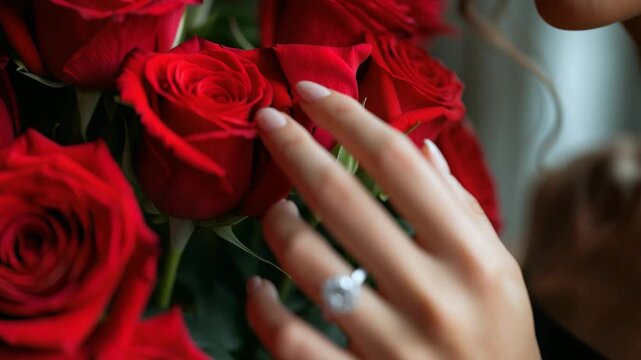 Engagement ring. Sophisticated floral design template. A girl's hand adorned with a wedding ring resting on a large bouquet of red roses. Love concept. Close-up. Side perspective.