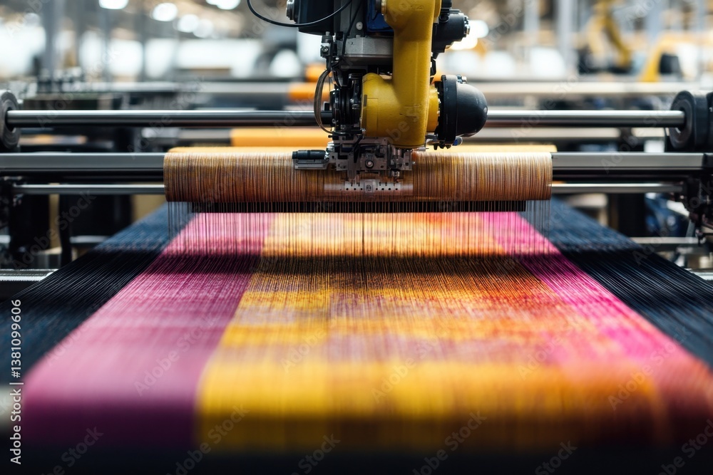 Poster advanced textile manufacturing process in a factory setting showcasing vibrant color patterns