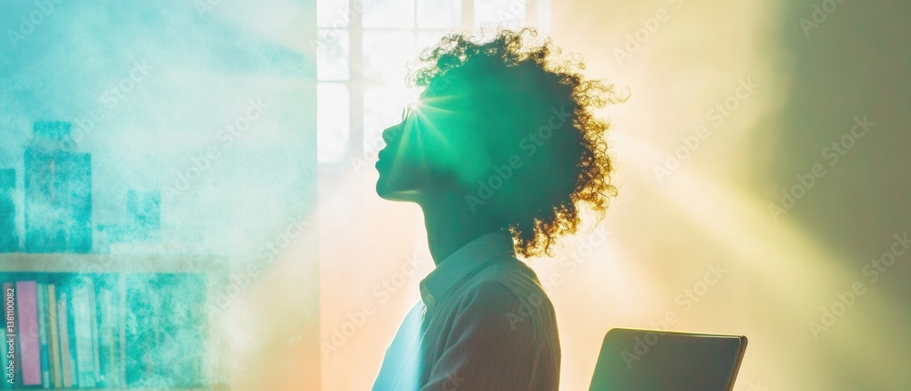 Poster ethereal gen z digital wellness mindful tech illumination with curly-haired creative professional ex